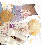  &gt;_&lt; 1boy 1girl :d animal-themed_food animal_ears animal_on_lap artist_name backpack bag bag_charm bandaid bandaid_on_knee bandaid_on_leg blonde_hair blue_skirt blush brown_hair brown_necktie candy cardigan cat cat_bandaid cat_ears cat_on_lap cellphone charm_(object) closed_eyes closed_mouth collared_shirt commentary dog_ears english_commentary food grid_background hair_between_eyes halloween hand_up hands_up holding holding_candy holding_food holding_lollipop holding_phone iwakura_mitsumi kemonomimi_mode lollipop long_sleeves necktie on_lap open_mouth orange_cat orange_ribbon phone pleated_skirt purple_cardigan ribbon school_uniform shima_sousuke shirt short_hair sideways simple_background sitting skip_to_loafer skirt smartphone smile sparkle squatting star_(symbol) taking_picture twitter_username u_u white_background white_shirt wing_collar yamasuke040 yellow_cardigan 
