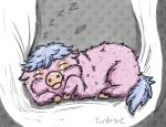  ambiguous_gender bedding blanket blue_hair feral fluffy_pony fluffy_pony_(species) fur hair hi_res infraredturbine mammal pink_body pink_fur signature sleeping solo sound_effects vowelless vowelless_sound_effect zzz 