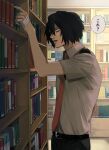  1boy bags_under_eyes bandaged_hand bandages belt black_belt black_hair black_pants boku_no_hero_academia bookshelf eraser_head_(boku_no_hero_academia) from_side goatee_stubble highres indoors library looking_at_object male_focus necktie open_mouth pants red_necktie rnuyvm school_uniform shirt short_hair speech_bubble translation_request u.a._school_uniform white_shirt 