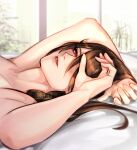  1girl artist_name bed bed_sheet beidou_(genshin_impact) brown_hair commentary fingernails genshin_impact head_on_arm highres indoors lart_art1 long_hair looking_at_viewer lying on_back on_bed one_eye_covered parted_lips pillow plant red_eyes solo teeth window 
