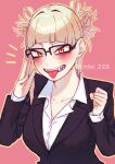  1girl black_jacket black_suit blonde_hair blunt_bangs blush boku_no_hero_academia chibi_228 clenched_hand collared_shirt fangs hands_up highres jacket looking_at_viewer messy_hair narrowed_eyes office_lady shirt slit_pupils solo suit toga_himiko tongue tongue_out yellow_eyes 