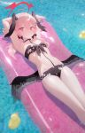  1girl absurdres afloat armpits arms_up bare_shoulders bikini black_bikini black_bow black_wings blue_archive blush bow breasts dingding_(chongsangjun) feathered_wings floral_print front-tie_bikini_top front-tie_top hair_bow halo head_wings highres inflatable_raft koharu_(blue_archive) koharu_(swimsuit)_(blue_archive) long_hair low_twintails low_wings lying official_alternate_costume pink_eyes pink_hair pink_halo print_bikini red_halo small_breasts solo stomach swimsuit thighs twintails water wings 