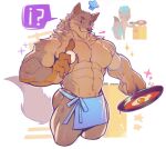  !? 2boys animal_ears apron bara black_hair blush chef_hat chibi chibi_inset closed_mouth cowboy_shot egg food frying_pan furry furry_male hat highres holo_eden looking_at_object male_focus multiple_boys muscular muscular_male original sparkle star_(symbol) tail waist_apron white_background wolf_boy wolf_ears wolf_tail 
