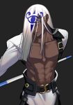  1boy abs ark1478 belt blue_eyes dark-skinned_male dark_skin guilty_gear guilty_gear_xrd hair_over_one_eye highres holding_cue_stick long_hair long_sleeves looking_at_viewer male_focus pectorals simple_background venom_(guilty_gear) white_hair 