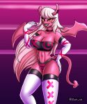  5:6 black_lipstick breasts choker cleavage clothed clothing demon demon_humanoid evening_gloves female fingers gradient_background hair helluva_boss hi_res horn humanoid jewelry legwear lipstick long_hair makeup markings multicolored_horn navel necklace not_furry pink_body pink_eyes pink_skin simple_background small_wings solo spade_tail stripped_panties succubus tail thigh_highs topwear verosika_mayday_(helluva_boss) white_hair wings zachc 