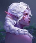 1girl braid colored_skin commentary elf english_commentary from_side highres lauraklein long_hair night night_elf_(warcraft) night_sky outdoors pointy_ears portrait purple_skin sky solo tree warcraft white_hair world_of_warcraft 