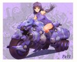  1girl bare_shoulders boots collared_dress dress elbow_gloves gloves highres knee_boots looking_at_viewer medium_hair moriguchi_nao_(naonao) motor_vehicle motorcycle on_motorcycle original purple_dress purple_gloves purple_hair purple_theme science_fiction short_dress sleeveless sleeveless_dress solo vehicle_focus 