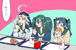  3boys ahoge alternate_costume alternate_hairstyle black_hair blue_eyes blue_eyeshadow brown_shirt burger commentary_request cup disposable_cup drinking_straw drinking_straw_in_mouth eating eyeshadow fate/grand_order fate_(series) food french_fries fujimaru_ritsuka_(male) gedougawa green_hair green_sailor_collar grey_hair hair_between_eyes hair_slicked_back holding holding_food long_bangs long_hair makeup male_focus mcdonald&#039;s medium_bangs multiple_boys neckerchief open_mouth outline red_eyes sailor_collar school_uniform serafuku shi_huang_di_(fate) shirt sidelocks sitting slit_pupils table translation_request twintails upper_body white_hair white_neckerchief white_outline yan_qing_(fate) yellow_eyes 