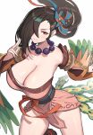  1girl absurdres bare_shoulders bead_necklace beads blush bouncing_breasts breasts brown_eyes brown_hair cleavage cowboy_shot detached_sleeves fake_tail fake_wings fire_emblem fire_emblem_fates fire_emblem_heroes gonzarez hair_ornament hair_over_one_eye hand_up highres japanese_clothes jewelry kagero_(fire_emblem) kagero_(winds_offered)_(fire_emblem) large_breasts long_hair looking_at_viewer mature_female necklace ninja official_alternate_costume pelvic_curtain ponytail solo tail white_background wings 