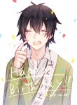  ! !! 1boy black_hair cardigan closed_eyes collared_shirt commentary_request confetti dated double-parted_bangs english_text facing_viewer green_cardigan happy_birthday kagerou_project kokonose_haruka long_sleeves male_focus mole mole_under_eye open_collar open_mouth ouri_(aya_pine) partial_commentary pointing pointing_at_self sash school_uniform shirt short_hair shoulder_sash simple_background smile solo teeth upper_body upper_teeth_only white_background white_sash white_shirt 