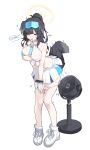  1girl absurdres animal_ears anus arm_under_breasts ass bare_shoulders black_hair blue_archive blush breast_hold breasts cheerleader commentary_request dog_ears dog_girl dog_tail electric_fan etn298 eyewear_on_head fanning_crotch fanning_self full_body gloves goggles goggles_on_head hairband halo hibiki_(blue_archive) hibiki_(cheer_squad)_(blue_archive) highres hot long_hair millennium_cheerleader_outfit_(blue_archive) navel official_alternate_costume panties panty_pull shirt shoes simple_background skirt solo standing star_sticker sticker_on_arm sticker_on_face sweat tail translation_request underwear wet white_background white_footwear white_gloves white_shirt white_skirt yellow_halo 
