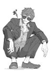  1boy cigarette collarbone collared_shirt facial_hair full_body greyscale highres jacket long_sleeves looking_at_viewer male_focus meltdown0802 monochrome mouth_hold nicholas_d._wolfwood pants shirt shoes short_hair simple_background solo squatting stubble sunglasses teeth_hold trigun trigun_stampede 