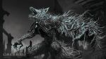  artist_name baloolax blindfold bloodborne city claws cleric_beast cleric_beast_(cosplay) cosplay cross cross_necklace crossover english_text fang greyscale highres hololive jewelry monochrome monster necklace ribs shirakami_fubuki squatting tongue tongue_out 