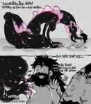  alien beard black_body black_hair bottomwear breasts clothing comic duo english_text facial_hair female hair hi_res human kneeling larger_female male mammal not_furry nude pants shirt size_difference smaller_human smaller_male text the_wanderer topwear ze_blackball.d 
