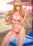  1girl arm_under_breasts beach beach_umbrella bikini blonde_hair blush breasts brown_eyes chair commentary_request day earrings feet_out_of_frame floating_hair gundam hairband highres jewelry katejina_loos large_breasts long_hair looking_at_viewer lounge_chair navel outdoors oyaman parted_lips photo_background pink_bikini pink_hairband sand smile solo standing stomach strap_pull string_bikini sunlight swimsuit teeth twitter_username umbrella victory_gundam 