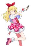  1girl aikatsu! aikatsu!_(series) blonde_hair bow closed_mouth frilled_skirt frills hair_bow hairband highres holding holding_microphone hoshimiya_ichigo idol_clothes long_hair looking_at_viewer microphone necktie ogura_(sao_no) one_eye_closed outstretched_arm petticoat pink_footwear pink_skirt pink_vest puffy_short_sleeves puffy_sleeves red_bow red_eyes red_hairband red_necktie shirt short_sleeves simple_background skirt smile solo standing standing_on_one_leg vest white_background white_shirt wrist_cuffs 