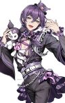  1boy aqua_eyes ayase_mayoi black_jacket black_pants braid ensemble_stars! hat highres jacket kuromi leng7_e long_hair long_sleeves looking_at_viewer male_focus mini_hat mini_top_hat pants pointy_ears purple_hair purple_nails sanrio solo top_hat white_background 