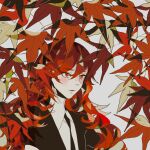  1other autumn_leaves bangs gem_uniform_(houseki_no_kuni) hair_between_eyes highres houseki_no_kuni leaf long_hair looking_away maple_leaf other_focus padparadscha_(houseki_no_kuni) parted_lips red_eyes red_hair red_theme simple_background solo upper_body yoshida_(yooosida) 