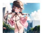  1girl black_bow blue_eyes blue_sky blush bow breasts brown_hair brown_headwear city cloud cowboy_shot day dongchuan exhibitionism food grin hair_bow halterneck hat holding_ice_cream hololive ice_cream jacket long_hair looking_at_viewer low_twintails naked_jacket natsuiro_matsuri nipples no_pants off_shoulder open_clothes open_jacket outdoors peaked_cap pink_jacket public_indecency revealing_clothes sky small_breasts smile solo stomach twintails virtual_youtuber zipper_pull_tab 