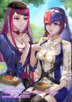  2girls alear_(female)_(fire_emblem) alear_(fire_emblem) alternate_costume bento black_choker blue_eyes blue_hair braid breasts choker cleavage commentary_request commission crossed_bangs crown_braid dress feeding fire_emblem fire_emblem_engage garter_straps heterochromia highres holding_bento ivy_(fire_emblem) long_hair looking_at_another meadow medium_breasts multicolored_hair multiple_girls official_alternate_costume open_mouth purple_dress purple_eyes purple_hair red_eyes red_hair sitting skeb_commission smile snow20200 split-color_hair thighhighs tiara unfinished very_long_hair yuri 