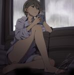  1girl arm_support bare_legs barefoot brown_hair character_request closed_mouth copyright_request couch cup feet full_body grey_eyes grey_shirt grey_sky hair_between_eyes hands_up highres holding holding_cup indoors knee_up kobayashi_gen legs long_legs mug no_pants on_couch oversized_clothes oversized_shirt rain shirt short_hair signature sitting sky solo steam thighs toenails toes window 