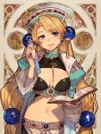  1girl atelier_(series) atelier_marie black_bra blonde_hair blue_coat blue_eyes blue_headwear book bra breasts cleavage coat commentary_request earrings elfir_traum flask headdress highres holding holding_book holding_flask hungry_clicker jewelry juliet_sleeves large_breasts lilie_(atelier) long_hair long_sleeves looking_at_viewer low-tied_long_hair marie_(atelier) midriff navel official_art open_book open_clothes open_mouth parted_bangs promotional_art puffy_sleeves smile solo underwear very_long_hair 