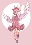  1girl animal_ears arm_up bird_ears bird_wings black_footwear blush brown_dress brown_headwear closed_eyes dress frilled_dress frills full_body hat mystia_lorelei open_mouth pink_hair pink_wings rangycrow shoes short_hair short_sleeves smile solo touhou winged_footwear winged_hat wings 