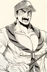  1boy aizen_(housamo) angry badge bara blush bracelet brown_background button_badge commentary_request furrowed_brow hat highres holding_riding_crop jewelry large_pectorals long_sideburns looking_at_viewer male_focus monochrome muscular muscular_male neckerchief open_mouth pectoral_cleavage pectorals r8y6y scout_uniform short_hair sideburns simple_background solo thick_eyebrows tokyo_afterschool_summoners upper_body veins veiny_hands 