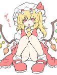  1girl ascot blonde_hair bow crystal dress flandre_scarlet frilled_dress frilled_hat frilled_skirt frills fumomono hat hat_bow hat_ribbon highres knees_up looking_at_viewer mary_janes medium_hair mob_cap multicolored_wings one_side_up open_mouth panties pantyshot puffy_short_sleeves puffy_sleeves red_eyes red_footwear red_skirt red_vest ribbon shoes short_sleeves side_ponytail simple_background sitting skirt skirt_set socks solo touhou underwear vest white_background white_headwear white_panties white_socks wings yellow_ascot 