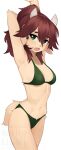  2023 anthro bikini blush blush_lines bovid breasts brown_hair caprine clothed clothing digital_media_(artwork) fangs female female_anthro fur goat hair hi_res horn mammal navel open_mouth small_breasts solo stretching swimwear tail tan_body tan_fur teeth yoako 