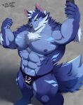  anthro biceps blue_body blue_fur body_hair bulge canid canine canis cellphone chest_hair clothing fur grin hi_res hisashiyo_0705 lifewonders male mammal muscular muscular_anthro muscular_male navel nipples phone selfie smartphone smile solo thong tindalos_(tas) tokyo_afterschool_summoners underwear wolf 