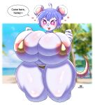  &lt;3 ahoge anthro areola big_breasts bikini blue_hair blush breasts clothing dialogue english_text female flora_(haiyan) hair haiyan hi_res huge_breasts huge_thighs mammal mouse murid murine open_mouth pink_areola pupils purple_eyes rodent solo speech_bubble swimwear text thick_thighs white_body white_pupils 