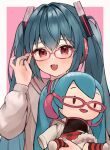  1girl :d absurdres adjusting_eyewear alternate_costume blush commentary_request eyelashes facing_viewer fang furrowed_brow glasses green_hair green_nails grey_hoodie hair_between_eyes half_updo hand_up hatsune_miku headphones highres holding holding_stuffed_toy hood hoodie long_hair long_sleeves looking_at_viewer miku_day nail_polish open_mouth pink-framed_eyewear pink_background red_eyes sidelocks simple_background smile solo stuffed_toy tananuki twintails twitter_username upper_body very_long_hair vocaloid 