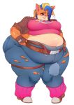  2021 absurd_res activision anthro bandicoot belly belly_overhang belt belt_buckle big_belly big_breasts blonde_hair blue_bottomwear blue_clothing blue_eyes blue_hair blue_jeans blue_pants bodily_fluids bottomwear breasts cherbitz clothing crash_bandicoot_(series) denim denim_clothing ear_piercing ear_ring female fingerless_gloves footwear fupa fur gloves hair handwear hi_res huge_thighs jeans leg_warmers legwear mammal marsupial mohawk muffin_top multicolored_body multicolored_fur multicolored_hair multiple_belts obese obese_anthro obese_female one_eye_closed orange_body orange_fur overweight overweight_anthro overweight_female pants patch_(fabric) piercing pink_clothing pink_shirt pink_tank_top pink_topwear pirate_tawna ring_piercing shirt shoes side_butt simple_background smile solo sweat sweatdrop tan_body tan_fur tank_top tawna_bandicoot thick_thighs thigh_belt topwear torn_bottomwear torn_clothing torn_jeans torn_pants white_background wide_hips 
