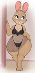  absurd_res anthro breasts brown_body brown_fur cleavage clothed clothing female fur hi_res huge_thighs lagomorph leporid mammal navel rabbit smile solo thick_thighs usnarbit wide_hips 