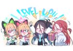  4girls absurdly_long_hair animal_ear_headphones animal_ears aris_(blue_archive) birthday black_hair blonde_hair blue_archive cat_ear_headphones chibi clapping fake_animal_ears fake_facial_hair fake_mustache funny_glasses gift giorgio_(yo_sumire_sola1) glasses halo headphones highres holding_party_popper jacket long_hair midori_(blue_archive) momoi_(blue_archive) multiple_girls musical_note necktie one_side_up open_clothes open_jacket party_horn party_popper red_hair shirt siblings sisters smile sunglasses twins very_long_hair white_shirt yuzu_(blue_archive) 