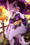  1girl artist_name autumn blush breasts character_request cleavage espeon furry furry_female glowing glowing_eyes highres japanese_clothes kimono large_breasts long_hair oil-paper_umbrella open_mouth pink_hair pokemon purple_kimono red_eyes sitting smile solo teranen umbrella 