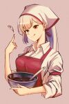  1girl :q absurdres apron armband blush bowl breasts buttons chocolate_making chocolate_on_hand collared_shirt commentary_request cropped_torso equality_taira eyelashes food_on_hand fujiwara_no_mokou grey_background head_scarf heart highres holding holding_bowl index_finger_raised large_breasts long_hair long_sleeves looking_at_viewer red_apron red_eyes shirt simple_background solo spatula standing tongue tongue_out touhou white_hair white_shirt wing_collar 
