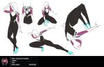  1girl alternate_color aqua_footwear black_bodysuit bodysuit concept_art full_body gwen_stacy highres hood hooded_bodysuit kris_anka looking_at_viewer marvel official_art print_bodysuit reference_sheet simple_background skin_tight spider-gwen spider-man:_across_the_spider-verse spider-man_(series) spider_web_print standing superhero two-tone_bodysuit white_bodysuit 