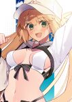  1girl absurdres arm_up artoria_caster_(fate) artoria_caster_(swimsuit)_(fate) artoria_pendragon_(fate) baseball_cap bikini black_ribbon blonde_hair breasts cropped_jacket fate/grand_order fate_(series) green_eyes hat highres jacket long_hair long_sleeves looking_at_viewer medium_breasts navel open_mouth ribbon simple_background smile solo striped striped_jacket striped_ribbon sunlight swimsuit twintails upper_body uxco0 white_background white_bikini white_headwear white_jacket 