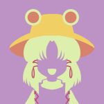  black_eyes blonde_hair brown_headwear frog_girl frog_hat hair_ornament hat highres long_hair long_sleeves maskin_mei minimalism moriya_suwako open_mouth purple_background purple_vest shirt simple_background smile touhou vest white_shirt 