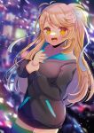  1girl :d antenna_hair black_hoodie black_thighhighs blonde_hair blue_nails blurry blurry_background blush bow breasts chloe_aoki commentary_request commission depth_of_field hair_bow holding_own_wrist hood hood_down hoodie indie_virtual_youtuber kou_hiyoyo long_hair long_sleeves looking_at_viewer medium_breasts nail_polish ponytail puffy_long_sleeves puffy_sleeves skeb_commission smile solo thighhighs very_long_hair virtual_youtuber white_bow yellow_eyes 