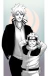  2boys aged_up behindxa blue_eyes boruto:_naruto_next_generations colored_sclera commentary forehead_protector grey_sclera greyscale_with_colored_background grin hand_in_pocket hand_on_another&#039;s_head headband highres jacket male_focus multiple_boys naruto naruto_(series) smile spot_color time_paradox uzumaki_boruto uzumaki_naruto 