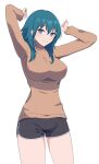  1girl absurdres arms_up black_shorts blue_eyes breasts brown_sweater byleth_(female)_(fire_emblem) byleth_(fire_emblem) commentary cowboy_shot dark_green_hair fire_emblem fire_emblem:_three_houses hand_up highres jewelry large_breasts ring s@turday short_shorts shorts simple_background solo sweater teeth turtleneck turtleneck_sweater upper_teeth_only white_background 