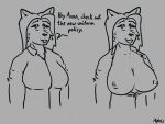  absurd_res anthro asphalt_(artist) breasts canid canine canis cleavage clothed clothing dialogue dress_shirt english_text eyeshadow female hi_res makeup mammal monochrome presenting shirt simple_background smile solo speech_bubble text topwear wolf 