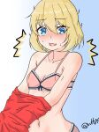  1girl @_@ ^^^ absurdres blonde_hair blue_background blue_eyes blush bob_cut bow bow_bra bra breasts commentary embarrassed fang frown girls_und_panzer gradient_background highres katyusha_(girls_und_panzer) looking_at_viewer messy_hair navel open_mouth panties pink_bra pink_panties red_shorts short_hair shorts skin_fang small_breasts solo standing twitter_username underwear underwear_only undressing wata_sensha 