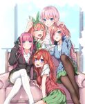  5girls ahoge black_pantyhose blue_cardigan blue_eyes blush breasts butterfly_hair_ornament cardigan couch crossed_legs go-toubun_no_hanayome green_ribbon green_skirt hair_ornament hair_ribbon hand_on_another&#039;s_head headphones headphones_around_neck highres indoors large_breasts looking_at_viewer multiple_girls nakano_ichika nakano_itsuki nakano_miku nakano_nino nakano_yotsuba on_couch orange_hair pantyhose pink_hair pleated_skirt quintuplets red_hair red_sweater_vest ribbon sahara386 shirt short_hair sitting skirt sky star_(symbol) star_hair_ornament sweater_vest thighhighs thighs white_shirt white_thighhighs window yellow_sweater_vest 