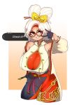  1girl breasts cleavage english_text gintm glasses hair_bun hair_ornament hair_stick highres large_breasts looking_at_viewer pants purah red_eyes single_hair_bun solo the_legend_of_zelda the_legend_of_zelda:_tears_of_the_kingdom tight_clothes tight_pants white_background white_hair 