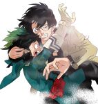  2boys black_hair blue_eyes bodysuit boku_no_hero_academia clenched_teeth freckles glasses gloves green_bodysuit green_hair highres long_sleeves male_focus medium_hair midoriya_izuku multiple_boys pouch screaming shioshio_(pixiv_22745292) teeth tokuda_taneo trench_coat watch white_background white_gloves wristwatch 