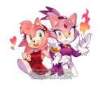  2girls amy_rose animal_ears animal_nose bare_shoulders blaze_the_cat blush bracelet breasts cat_ears cat_girl closed_mouth commentary dress eyelashes fire forehead_jewel fur-trimmed_sleeves fur_trim furry furry_female gem gloves gold_bracelet hairband hand_on_own_hip hand_up heart hedgehog_ears hedgehog_girl jacket jewelry long_sleeves looking_at_another looking_at_viewer medium_breasts multiple_girls open_mouth pants pink_fur purple_fur purple_jacket red_dress red_gemstone red_hairband simple_background sleeveless sleeveless_dress smile sonic_(series) standing sucho symbol-only_commentary teeth tongue topknot twitter_username watermark white_background white_gloves white_pants yellow_eyes 